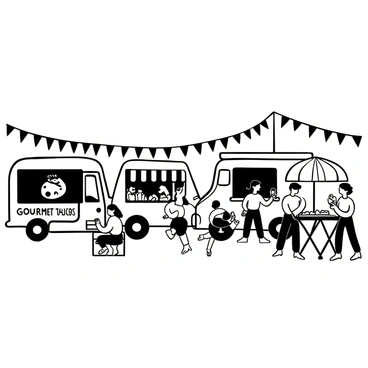 A row of food trucks in various shapes and sizes, each featuring unique signage and decorations. One truck displays the words "Gourmet Tacos" with vibrant illustrations of tacos on its side. Another truck has the phrase "Fresh Juices" adorned with images of fruits. Fairgoers of different ages and backgrounds are gathered around, some placing orders while others enjoy snacks. Tables with umbrellas are set up nearby, with patrons sitting and tasting a variety of street food. Banners and strings of lights are hanging above the food trucks, creating a festive atmosphere.