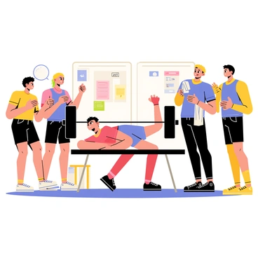 A team of five athletes stands around a bench press, eagerly cheering on their teammate. The central figure is a strong young man with determined facial expression, lying on the bench and pushing a heavy barbell overhead. The background features colorful gym equipment and motivational posters on the walls. One athlete on the left is raising a fist in encouragement, while another on the right holds a towel, ready to assist. A third athlete claps their hands, and the fourth looks on with an enthusiastic smile. The atmosphere is filled with excitement and camaraderie.