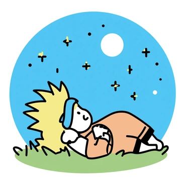 A young ninja with spiky blond hair is lying on a bed of green grass. He is wearing an orange jumpsuit and a blue forehead protector. His hands are behind his head, and he is gazing up at the night sky filled with numerous stars. The sky is clear and deep blue, with a bright moon shining above. The surrounding area is calm, with no other figures present, emphasizing the tranquility of the moment.