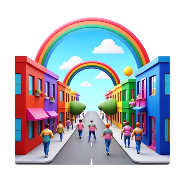 A street scene with a vibrant array of illustrated rainbows arcing across the sky. Colorful patterns are woven throughout the surroundings, integrating with the buildings and sidewalks. People walk along the street, their clothing adorned with various hues that reflect the vivid colors of the rainbows. The atmosphere is lively, with the rainbows and patterns creating a whimsical, engaging environment.