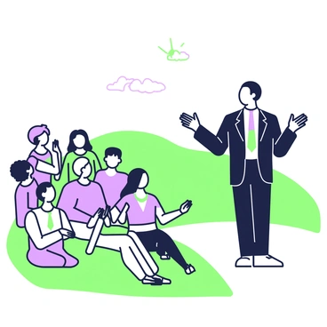 A preacher is standing on a grassy hilltop, delivering a passionate speech to a diverse crowd. The preacher is wearing a black suit with a white shirt and a colorful tie. His arms are raised, emphasizing his words as he engages with the audience. The crowd consists of individuals of different ages, ethnicities, and backgrounds, all attentively listening. Some people are sitting on the grass, while others are standing, nodding or raising their hands in agreement. In the background, the hill slopes gently, and the sky above is clear with a few wispy clouds.