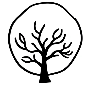 A black and white image featuring a large white circle in the center, with intricate, swirling negative space that creates the silhouette of a tree in the foreground. The branches of the tree extend outward, forming a delicate pattern of leaves, while the background remains untouched, emphasizing the hidden image.