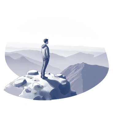 A person is standing confidently on a rugged mountain peak. The individual is facing outward, with their body slightly turned to the side, allowing a full view of the surrounding landscape. The mountain peak is rocky and steep, with scattered boulders and patches of grass. The person's posture is upright, suggesting a sense of purpose and contemplation. In the distance, a vast panoramic view unfolds, showcasing a range of mountains and valleys that stretch endlessly. The sky above is expansive, providing a sense of openness and freedom. The overall scene conveys a feeling of clarity and insight, captured in this moment of reflection.