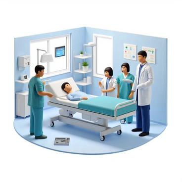 A hospital emergency room with bright overhead lights and medical equipment in the background. In the center, a patient lies on a hospital bed, wearing a blue hospital gown and connected to monitors displaying vital signs. Medical staff, including a doctor with a stethoscope and a nurse in scrubs, are attending to the patient, focusing on the area of the inguinal hernia. The doctor is pointing to the patient's abdomen while the nurse prepares surgical tools on a tray nearby. There are shelves filled with medical supplies and charts visible on the walls, adding to the clinical atmosphere of the scene.