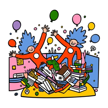 Thing One and Thing Two, two whimsical characters with bright blue hair standing upright, are playfully causing chaos in a colorful room. Thing One is wearing a red outfit with a white circle on the chest, while Thing Two is dressed similarly but with a slightly different design. The room is filled with vibrant decorations, including a yellow rug, colorful balloons floating from the ceiling, and walls painted in various bright shades. Toys are scattered everywhere, and a big pile of books is toppled over, adding to the playful disarray, while both characters are giggling joyfully.