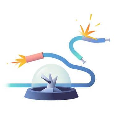 A compass with a glass cover is placed in the foreground, its needle visibly deflected away from the north direction. The needle is silver and shiny, standing out against the dark compass base. Behind the compass, a live electrical wire is shown, with vibrant blue insulation and exposed copper ends. The wire is slightly coiled, and small sparks are emitted from the exposed copper, creating a bright orange glow. The environment around the compass and wire is dim, highlighting the magnetic influence and creating a stark contrast between the compass needle and the electrical wire.