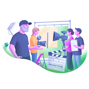 A modern pastel illustration depicting a film director giving instructions on set. The director, a middle-aged man wearing a black cap and a casual shirt, stands confidently in front of a small camera crew. The crew consists of a young woman operating a handheld camera, a man adjusting lights, and another individual taking notes on a clipboard. A clapperboard is positioned in front of the crew, displaying the scene number. In the background, film equipment and a colorful backdrop are visible, creating an immersive filming environment.