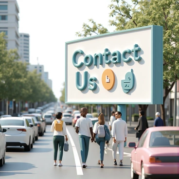 A large 3D billboard is prominently placed along a busy street filled with cars and pedestrians. The billboard features the text "Contact Us" in bold, eye-catching letters. The letters are designed with a glossy finish, reflecting sunlight. Below the text, there are vibrant graphics that attract attention, showcasing various communication icons such as a phone and an email symbol. In the background, the bustling street is lined with trees and modern buildings, creating a lively urban atmosphere. People can be seen walking by, some glancing up at the advertisement.