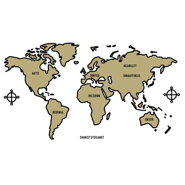 A vintage world map featuring detailed geographical outlines and symbols. The map includes various countries and oceans, with city names printed in "italic" font throughout. The color palette consists of muted earth tones, giving the map an aged appearance. Decorative elements such as compasses and scale bars are present in the corners of the map.
