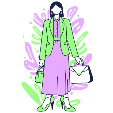 A fashion illustration composed of cut-out magazine pieces arranged to create a stylish ensemble. The outfit features a fitted green jacket layered over a flowing purple blouse. The model is wearing a purple skirt that falls just above the knee, with a green belt cinching the waist. Her shoes are high-heeled and green, adding elegance to the look. Accessories include a green handbag and purple earrings that complement the ensemble. The background is filled with abstract shapes and patterns, enhancing the visual appeal of the illustration.