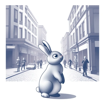 A rabbit is standing on its hind legs, curiously looking around. The rabbit has long ears that are perked up, fully engaged with the surroundings. The city streets are lined with tall buildings, each featuring intricate architectural details. People are walking around, going about their business, and some are interacting with one another. There are street signs and small vehicles visible in the scene. The ground is made of cobblestone, adding texture to the bustling environment. The atmosphere is lively, with various elements of urban life present.