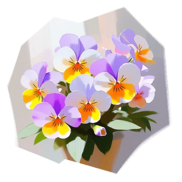 A close-up view of a collection of pansies in various shades of purple, yellow, and white, arranged in a natural setting. The flowers have distinct, velvety petals with intricate patterns, showcasing rich colors that blend seamlessly. The background features lush green foliage and soft natural light illuminating the flowers, enhancing their vibrant hues. The composition captures the lively essence of the pansies, creating an eye-catching floral scene.