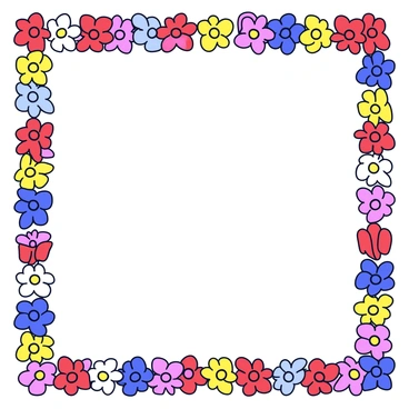 A mosaic-style border composed of numerous tiny flower illustrations. The flowers are depicted in various colors, including red, blue, yellow, and pink, and each flower has distinct shapes like daisies, tulips, and roses. The border is designed to frame an area, creating a vibrant and colorful decorative edge. Each flower is outlined with a thin black line to enhance its visibility and create a cohesive pattern throughout the border.