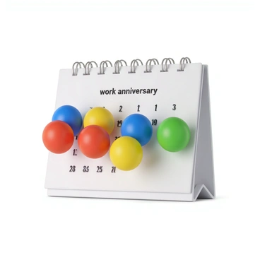 A digital calendar displaying the month with the work anniversary date prominently highlighted. The date is surrounded by colorful balloons in various shades, including red, blue, yellow, and green. The calendar's design features clean lines and a simple, modern layout. The background is light, allowing the vibrant balloons and highlighted date to stand out distinctly. The date itself is in bold, contrasting text to draw attention.