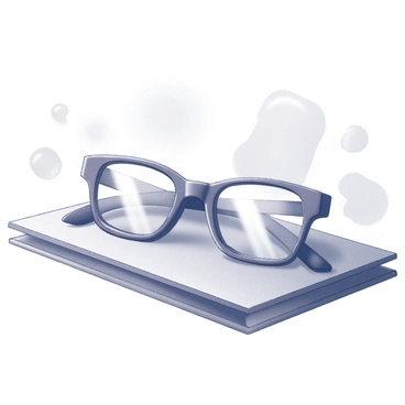 A pair of glasses resting on a flat surface. The lenses are slightly fogged, creating a visual distortion that makes everything behind them appear fuzzy and unclear. Light reflections dance across the lenses, hinting at the surrounding environment. The frame is simple yet stylish, showcasing a balanced design with a hint of elegance. In the background, soft shapes and blurred outlines of objects can be seen, emphasizing the distortion caused by the glasses.