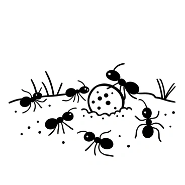 A group of ants crawling across a patch of dirt, with one ant standing on a shiny coin that is partially buried. The coin is glinting in the light, drawing attention from the surrounding ants. Several ants are gathered around the coin, investigating it closely, while others are carrying small bits of dirt away. The scene features scattered grains of dirt and a few blades of grass in the background.