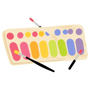 An artist's palette with a wooden texture displaying an array of paint blobs in vibrant colors. Each blob is neatly organized in rows to show equivalent color ratios, with some blobs being larger to represent a greater proportion. The colors include bright reds, deep blues, sunny yellows, rich greens, and soft purples. A few paintbrushes are scattered near the palette, with paint on the bristles. The overall arrangement is clear and visually appealing, emphasizing the artistic aspect of color mixing.