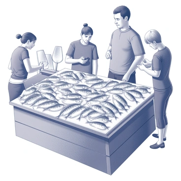 A seafood market stall brimming with activity. The stall features a wooden display filled with fresh anchovies arranged neatly over a bed of ice. The glistening fish have a vibrant sheen, highlighting their silver scales. Surrounding the stall are various utensils, such as ice scoops and fish trays. Shoppers are visible in the background, some inspecting the fish while others are engaged in conversation with the vendor. The atmosphere conveys a sense of commerce and freshness, typical of a lively market.