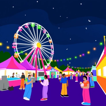 A bustling night fair filled with colorful glowing lights strung across various booths and attractions. The Ferris wheel stands tall, illuminated with bright neon colors, spinning slowly against the night sky. People of all ages are seen enjoying the fair, with some holding cotton candy and others playing games at the various stalls. The ground is covered in a mix of vibrantly colored tarps and gravel, creating a lively atmosphere. Overhead, a dark blue sky filled with stars provides a beautiful backdrop for the festive scene.