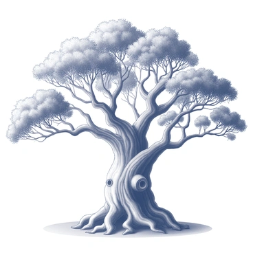 A large ancient tree with a wide, gnarled trunk. The trunk is textured and has deep grooves and knots. Sprawling roots extend outward from the base, intertwining and reaching into the ground. The branches stretch outward and upward, creating an intricate pattern against the backdrop. Foliage is dense, with leaves depicted in various stages of growth, showing richness in detail. The overall composition emphasizes the age and strength of the tree, capturing its majestic presence.