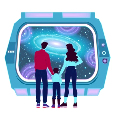 A family of four, consisting of two adults and two children, is looking out a large, transparent window of a sleek spacecraft. The adults are standing behind the children, with the father having short black hair and the mother with long wavy brown hair. The children, a boy and a girl, both with light brown hair, are pressed up against the window in awe. The scene outside the window is a stunning view of a galaxy filled with countless bright stars and swirling nebulae in shades of blue and purple. The interior of the spacecraft is equipped with futuristic controls and soft ambient lighting, creating a cozy and exploratory atmosphere.