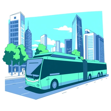 A teal autonomous bus is gliding smoothly along a wide, bustling street in a modern cityscape. The bus has a sleek, futuristic design with large windows reflecting the surrounding buildings. Skyscrapers made of glass and steel tower in the background, showcasing a vibrant urban environment. Pedestrians can be seen walking on the sidewalks, looking on with curiosity as the driverless bus passes by. A few trees line the street, adding a touch of greenery to the city scene. The sky above is a clear blue, contrasting with the architectural elements of the city.