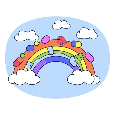 A rainbow formed by different colored antibiotic pills. The pills are arranged in an arch shape, showcasing a gradient of colors including red, orange, yellow, green, blue, indigo, and violet. Each pill is distinct in design, with some being round, others capsule-shaped, and various sizes. The sky behind the rainbow is a clear blue, with a few fluffy white clouds scattered throughout.
