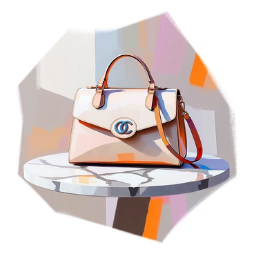 A close-up view of an elegant Chanel handbag placed on a polished marble table. The handbag features the iconic interlocking "CC" logo prominently displayed on its front flap. The leather has a luxurious texture, with a quilted pattern that enhances its sophistication. The marble table has a rich veining pattern in shades of white and gray, providing a contrasting backdrop. Soft light reflects off the surface of both the handbag and the table, highlighting their elegant details.