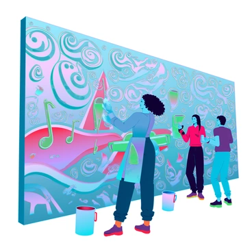 An artist with medium brown skin and curly hair is passionately painting a large, vibrant mural on a city wall. The mural features swirling patterns filled with bright colors, incorporating musical notes, guitars, and saxophones seamlessly into the design. The artist is holding a paintbrush in one hand and is wearing a paint-splattered apron. Nearby, a few paint buckets in various colors are scattered on the ground, and a small crowd is gathered, admiring the artistic creation. The scene is filled with energy as the mural comes to life with every brush stroke.
