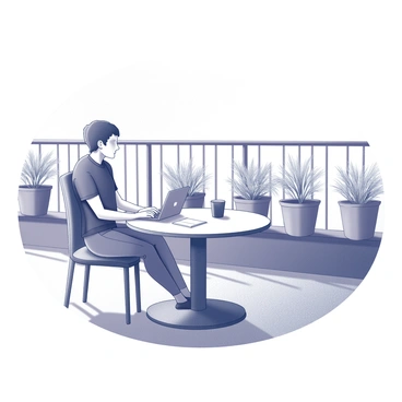 An office worker seated at a small round table on a terrace. The worker is casually dressed, with an open laptop placed beside an empty coffee mug. A gentle breeze is causing some loose papers to flutter slightly. In the background, there are potted plants arranged along the railing, and the sun casts soft shadows from them. The worker is looking out at the view, taking a moment of relaxation during their break.