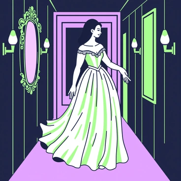 A Victorian ghost is floating gracefully through a dimly lit corridor. The ghost is wearing an elegant ballgown that cascades around her, with intricate lace details and flowing fabric. Her face is softly illuminated, revealing delicate features and long, flowing hair that drapes around her shoulders. The corridor is lined with dark wood paneling, and at intervals, there are ornate sconces casting a faint glow. A large, antique mirror hangs on one wall, reflecting the ethereal figure as she moves silently along the corridor.