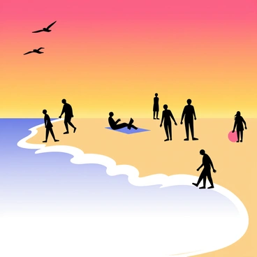A beach scene during sunset with an orange and pink sky. Silhouetted against the colorful sky are several people walking along the sandy shore, some sitting on beach towels, and others playing with a beach ball. Gentle ocean waves lap at the shore, creating white foam at the water's edge. A few seagulls are flying overhead.