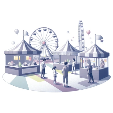 A carnival scene filled with various rides and game booths. There are tall, spinning rides towering in the background, accompanied by a Ferris wheel. The game booths are adorned with prizes, showcasing stuffed animals and colorful tickets. People of different ages are smiling and interacting, some playing games while others enjoy snacks. Balloons are scattered throughout the scene, adding to the festive atmosphere. The ground is covered with colorful paths leading to the various attractions.