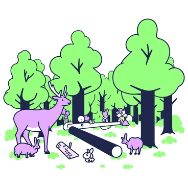 A dense forest filled with tall trees, many of which are being felled by workers. The scene shows fallen trunks scattered on the ground, and a few trees still standing, with their lush green leaves. In the foreground, there is a small clearing where a deer looks anxiously at the activity, its ears perked up. Nearby, a mother bird is trying to lead her chicks away from the noise, and a rabbit peeks out from behind a fallen log. In the background, a worker operates a chainsaw, and some additional workers are seen hauling away logs.