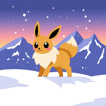 An Eevee standing proudly on a snowy mountain peak. The Eevee has fluffy brown fur and large, expressive eyes. Snowflakes gently fall around it, creating a soft, white blanket on the ground. The twilight sky is painted in shades of deep blue and purple, with hints of orange near the horizon. The mountain peaks in the background are sharp and rugged, adorned with patches of snow. The scene conveys a sense of adventure and serenity in the winter landscape.