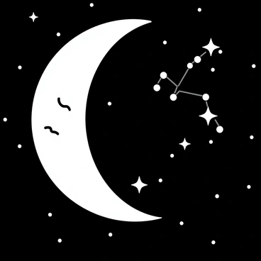 A "crescent moon" is positioned prominently in the sky, casting a gentle glow. The moon has a smooth, rounded shape with a subtle texture. "The Virgo constellation" is depicted as a series of connecting lines and dots, creating a recognizable silhouette against the dark backdrop. Stars are scattered throughout the night sky, providing a stark contrast to the features of the moon and constellation. The overall composition presents a tranquil celestial scene.