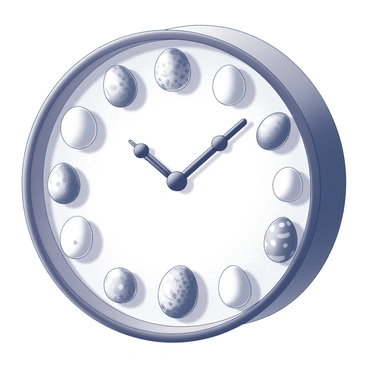 A round wall clock with a smooth, metallic frame. The clock face is white, displaying numbers that are creatively replaced by various sizes and shapes of eggs. Each egg is characterized by distinct patterns and textures, representing different types of eggs, such as chicken, quail, and duck. The clock hands are elegantly designed, one pointing towards the top while the other moves gracefully in a circular motion. The arrangement of eggs is evenly spaced around the clock, creating a unique and playful appearance.