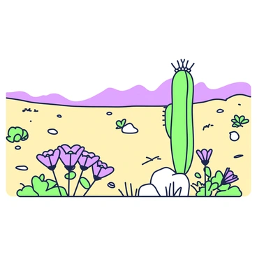 A desert landscape is depicted with a sandy expanse stretching into the distance. Scattered throughout the scene are clusters of vibrant flowers, their petals forming unexpected bursts of color against the stark background. Some flowers have slender green stalks while others are low to the ground. In the foreground, a tall cactus is visible, with its spines accentuating its height. In the background, distant mountain silhouettes create a stark contrast against the sky. A few scattered rocks and patches of dry grass complete the desert floor.