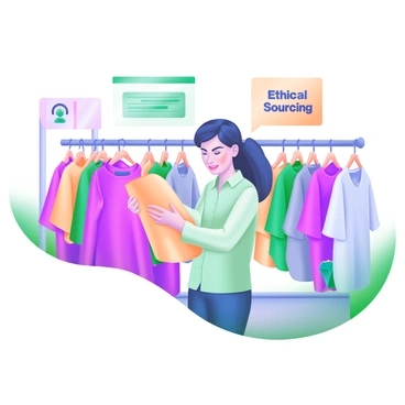 A shopper is standing in a clothing store, closely examining the labels on various garments. The shopper is holding a shirt in one hand and looking intently at the tag, which displays information about its materials and sourcing. Surrounding the shopper are racks filled with colorful clothing items. A small sign nearby reads "Ethical Sourcing" in bold letters. The store has a warm atmosphere with soft lighting, enhancing the focus on the shopper's thoughtful expression as they make an informed decision.