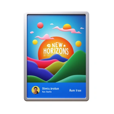 A subway advertisement featuring a vivid illustration of a book cover. The book cover displays bold typography with the title "New Horizons" prominently shown in bright colors. Surrounding the title are abstract illustrations of a sun rising over mountains, with vibrant hues of orange, pink, and yellow. The background is a blend of deep blue and green, creating a striking contrast. In the bottom corner, there is a small image of the author with a friendly smile, alongside their name in a clear font. The ad is designed to draw attention and generate excitement for the book release.
