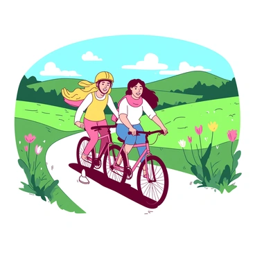 Two friends are riding bicycles along a winding path in a picturesque countryside. One friend has short brown hair and is wearing a yellow helmet, while the other has long blonde hair flowing in the wind, adorned with a pink scarf. Lush green fields stretch out on either side of the path, dotted with vibrant wildflowers. In the distance, gentle rolling hills rise against a clear blue sky, creating a serene backdrop for their joyful ride. The sunlight casts soft shadows on the ground as they pedal side by side, smiling and enjoying each other's company.