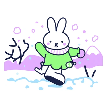 Miffy, a small rabbit character, is playing in the snow. She is wearing a cozy, warm scarf wrapped around her neck and colorful mittens on her hands. The ground is covered with a thick layer of snow, and small snowflakes are falling gently around her. Miffy is happily jumping in the snow, with a big smile on her face. In the background, there are fluffy snow-covered hills and a few bare trees, adding to the winter scene.