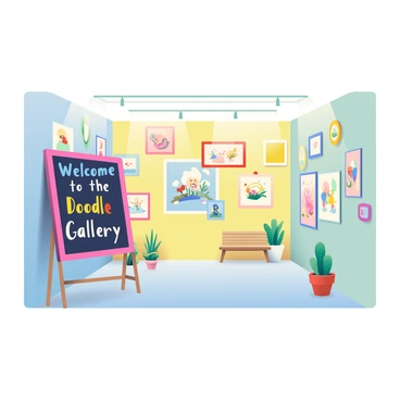 A quirky gallery is filled with various playful doodles and sketches hanging on the walls. The walls are painted in bright, cheerful colors, such as light blue and soft yellow. Each artwork features whimsical designs, including cartoonish animals, imaginative landscapes, and abstract shapes. Some doodles are framed in colorful frames, while others are pinned directly to the wall. There are small wooden benches scattered throughout the gallery for visitors to sit and admire the artwork. Various potted plants, such as small cacti and ferns, are placed around the gallery, adding a touch of greenery. A large chalkboard at the entrance displays the words "Welcome to the Doodle Gallery" in colorful chalk.