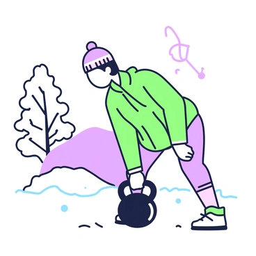 A person is performing a kettlebell deadlift in an outdoor winter setting. They are wearing a fitted winter jacket and thermal leggings, along with gloves and a knit hat. The kettlebell is positioned close to the ground, and the person is bending at the hips and knees to lift it. In the background, there is a soft layer of snow covering the ground, with a few snowflakes gently falling. Trees with snow-laden branches are slightly visible to the side, adding to the winter atmosphere.