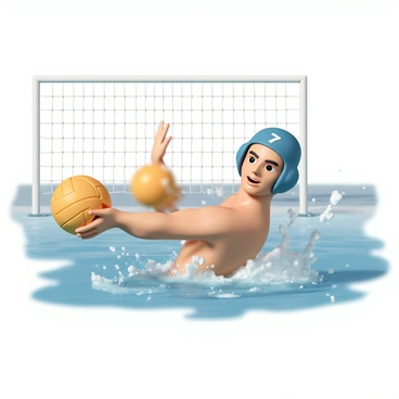 A water polo player, wearing a blue cap with the number "7" on it, is skillfully throwing a bright yellow water polo ball towards the goal. The player has a muscular build, with water splashing around them as they are positioned in the pool. Their focused expression reveals determination as they prepare for the shot. In the background, a white goal is visible, with a clear blue water surface extending beyond. The sunlight reflects off the water, adding a sparkle to the scene.