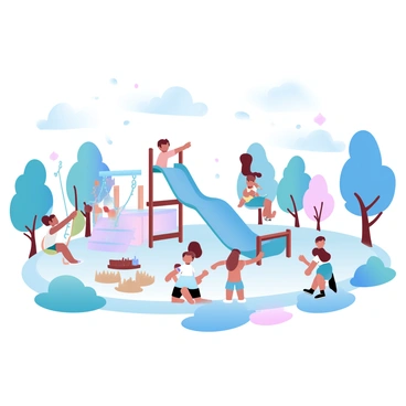 A playground filled with children engaging in various activities. Some children are swinging back and forth on brightly colored swings, while others are climbing and sliding down a large slide. The area is surrounded by vibrant trees and benches where parents are watching. The sky above is clear and sunny, with a few fluffy clouds scattered throughout, creating a cheerful atmosphere. In the background, a colorful sandbox is visible, with a couple of children building sandcastles.