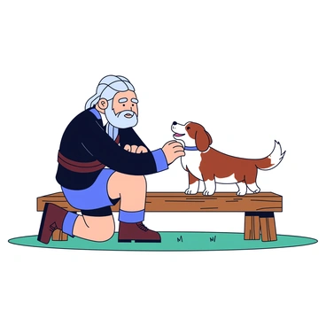Gimli, a sturdy dwarf with a braided beard and wearing a dark tunic, is kneeling down on a wooden bench. He is gently petting a friendly brown and white dog that is wagging its tail. The dog has a joyful expression, looking up at Gimli. The scene includes simple details like the texture of the wooden bench and the grassy ground beneath them.