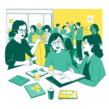 A yellow networking event scene is set in a well-lit room with diverse groups of people mingling. In the foreground, a teal illustration showcases a group of illustrators gathered around a small table, each holding a colorful drink. One illustrator, with oversized glasses, enthusiastically shares ideas, while another takes notes on a small white notebook. Nearby, a potential client, holding a teal drink, listens intently with a smile. Glasses filled with vibrant drinks are scattered on various tables, and there are sketches and art portfolios lying open, inviting conversations and exchanges. The atmosphere is lively with animated discussions and laughter among attendees.