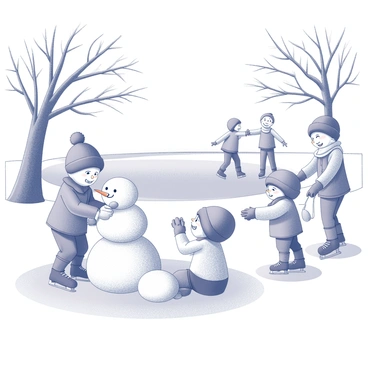 A snowy landscape fills the scene, covered in a thick layer of white snow. In the foreground, two children are actively building a snowman, stacking large snowballs and carefully shaping the figure. One child, wearing a knitted hat and gloves, is adding a carrot for the snowman's nose, while the other child is placing stones for the eyes and a scarf around its neck. Nearby, a frozen pond reflects the surrounding winter scenery, where a group of children is ice skating. They are gliding smoothly across the ice, some holding hands and laughing, while others are practicing their spins and jumps. Tree branches are heavy with snow, framing the playful winter activities.
