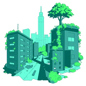 A teal cityscape is overrun by nature, showcasing tall structures with green vines entwined around their exteriors. Rooftops are adorned with clusters of vibrant plants, bursting through cracks in the concrete. Some windows are completely obscured by thick foliage, while cascading green tendrils hang downwards. The streets below are partially covered in lush grass and small wildflowers, creating a vivid contrast against the urban environment. In the distance, a skyscraper looms, with a massive tree sprouting from its roof, its branches reaching out across the skyline.